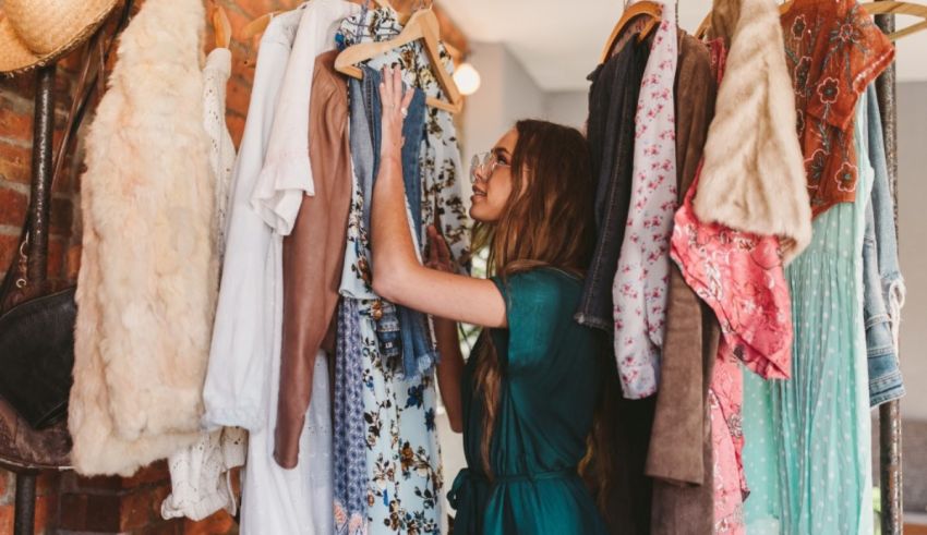 A woman looking through a rack of clothes.