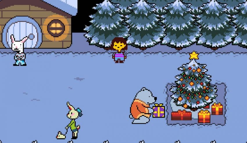 A screenshot of a nintendo game with a christmas tree.