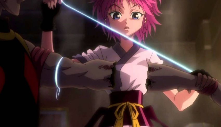 A girl with pink hair is holding a sword.