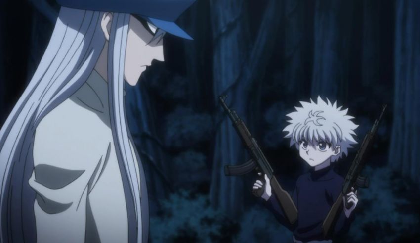 Two anime characters with guns in the woods.