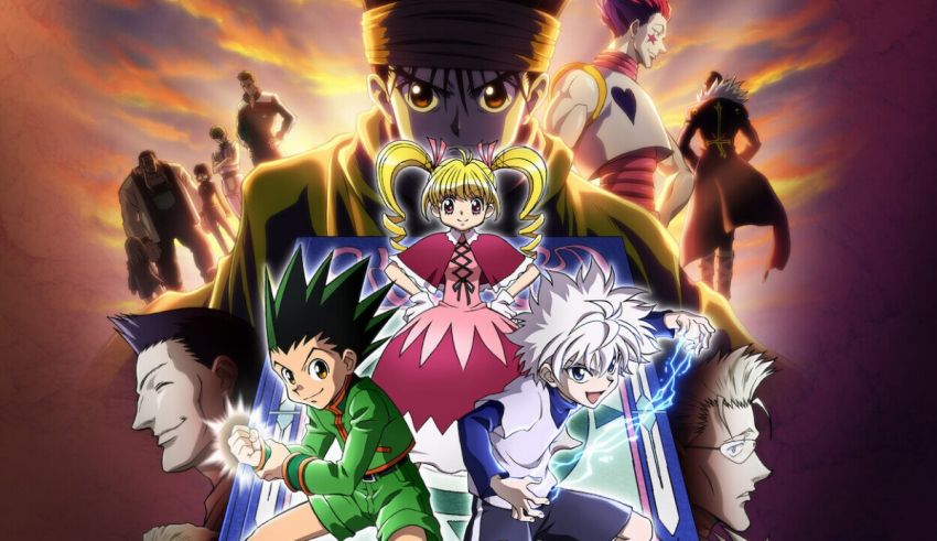 Japanese anime poster with a group of characters.