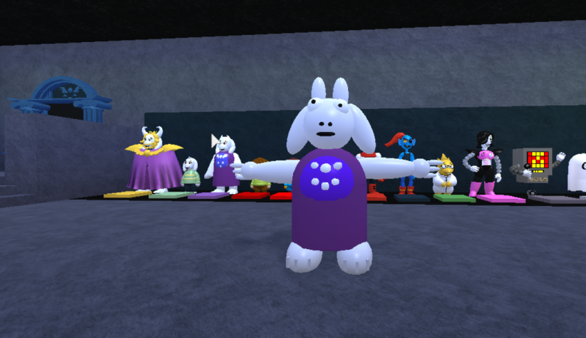 A cartoon rabbit standing in front of a room full of stuffed animals.