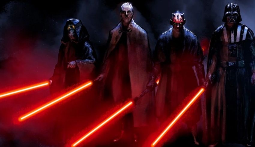 A group of star wars characters with lightsabers.