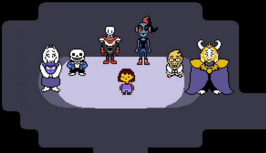 A group of pixel characters standing in a dark room.