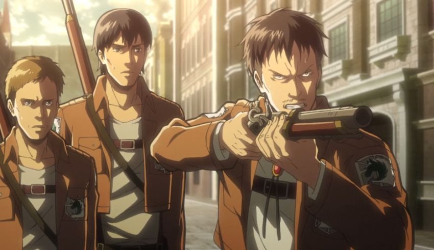 A group of men holding guns in a city.