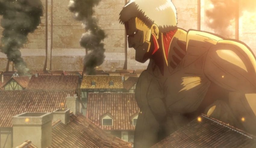 An attack on titan character standing on top of a building.