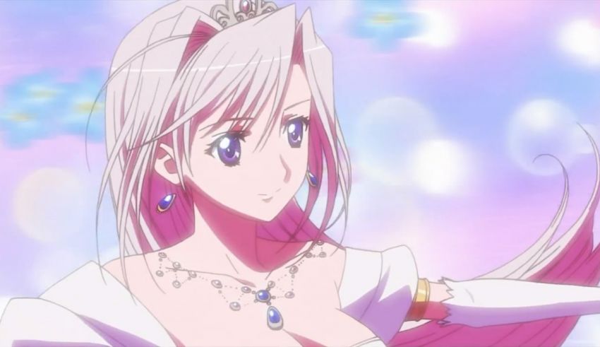 A white anime girl with long hair and a necklace.