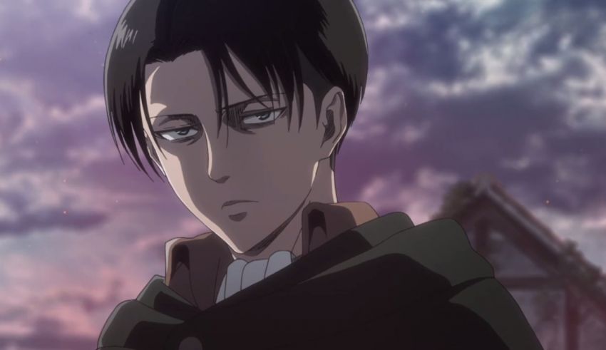 An anime character with dark hair standing in front of a cloudy sky.
