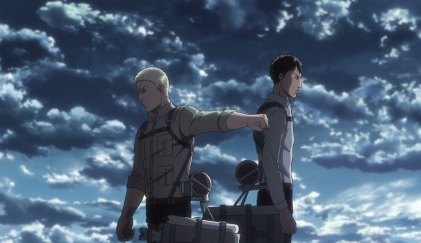Two anime characters standing on top of a cloudy sky.