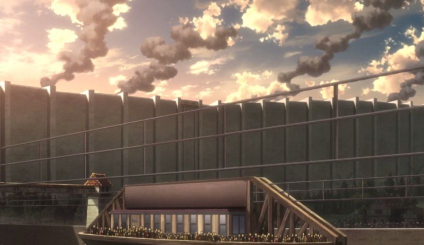 An anime scene with smoke coming out of a factory.