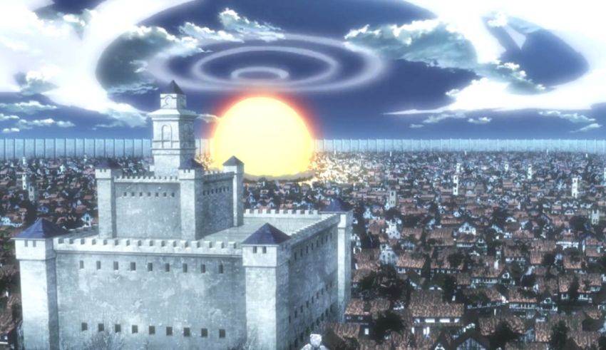 An image of a castle with a sun in the sky.