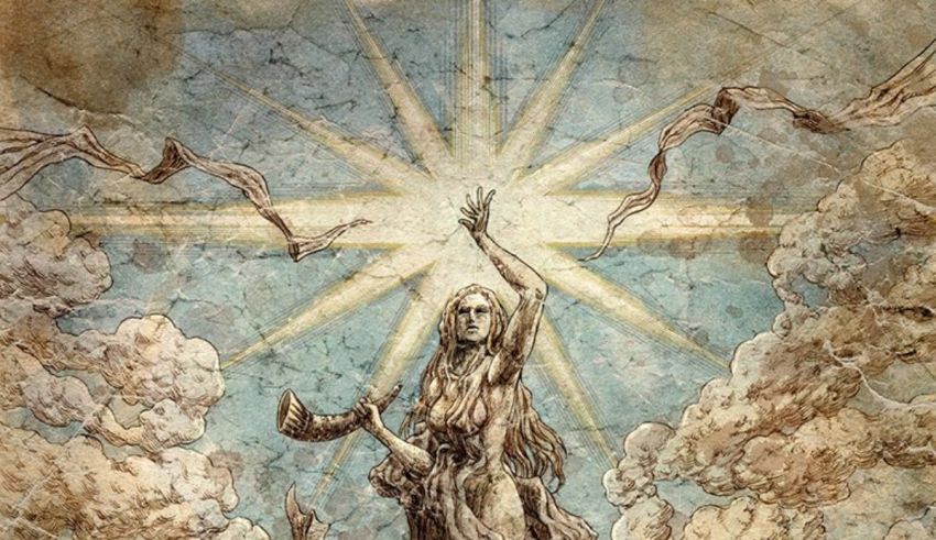 A painting of a woman holding a star in the sky.