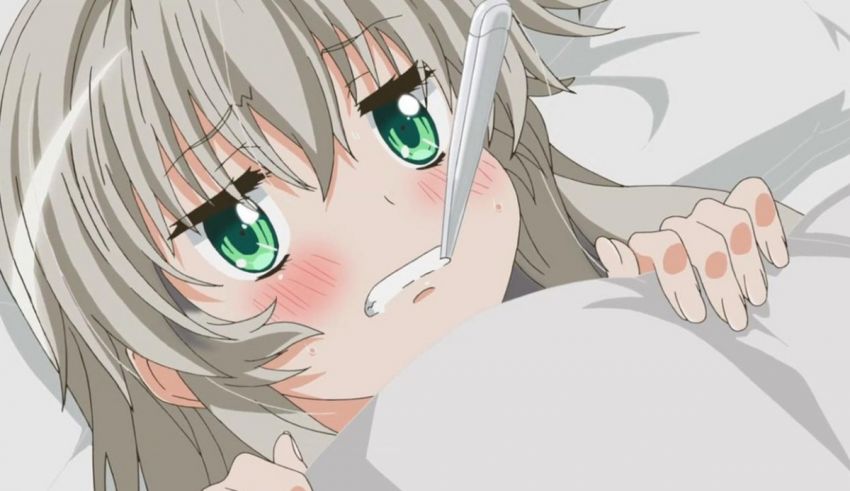 An anime girl with green eyes laying in bed.