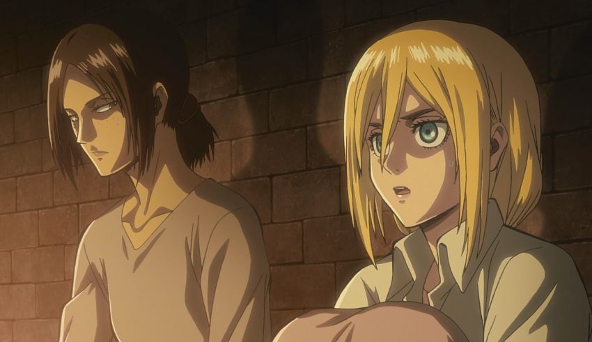 Two anime characters sitting next to each other in front of a brick wall.