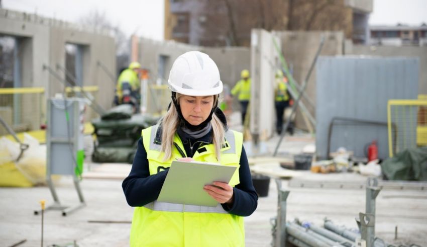 A woman wearing a hard hat and vest is holding a tablet in front of a construction site.