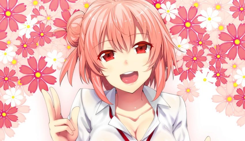 An anime girl with pink hair making a peace sign.