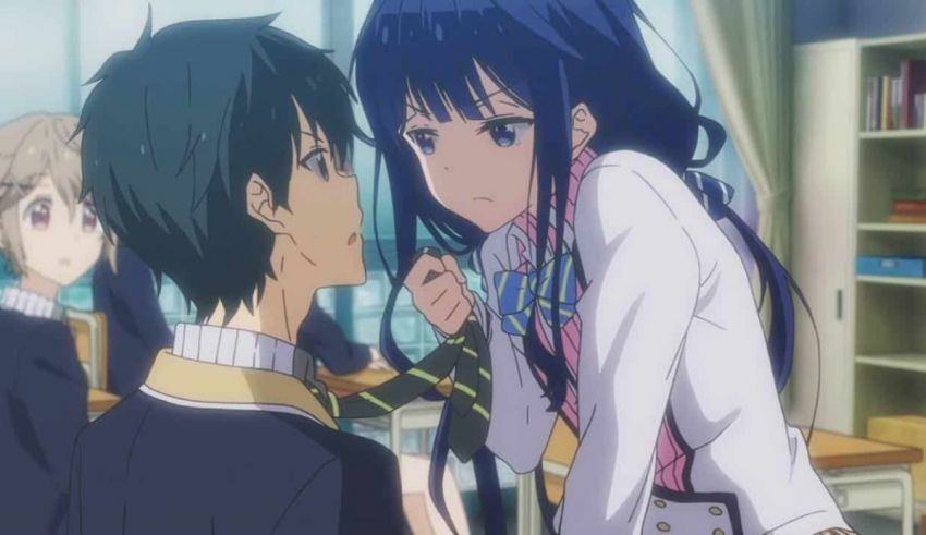 A girl is kissing a boy in an anime classroom.
