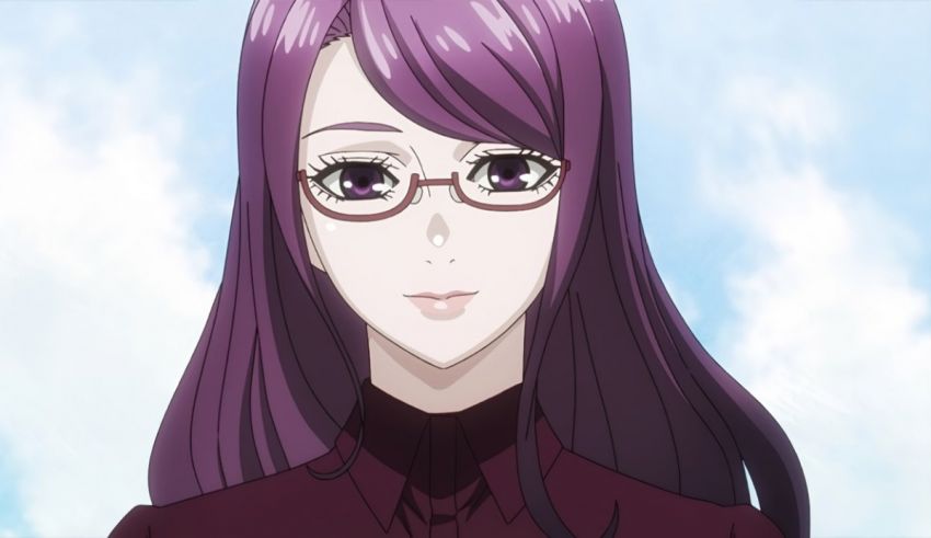 An anime girl with purple hair and glasses.