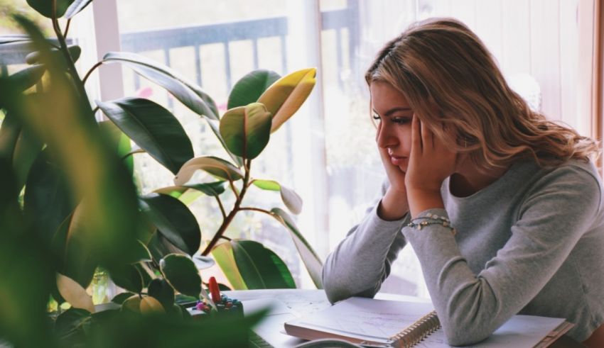 A woman sitting at a desk with a plant in front of her.