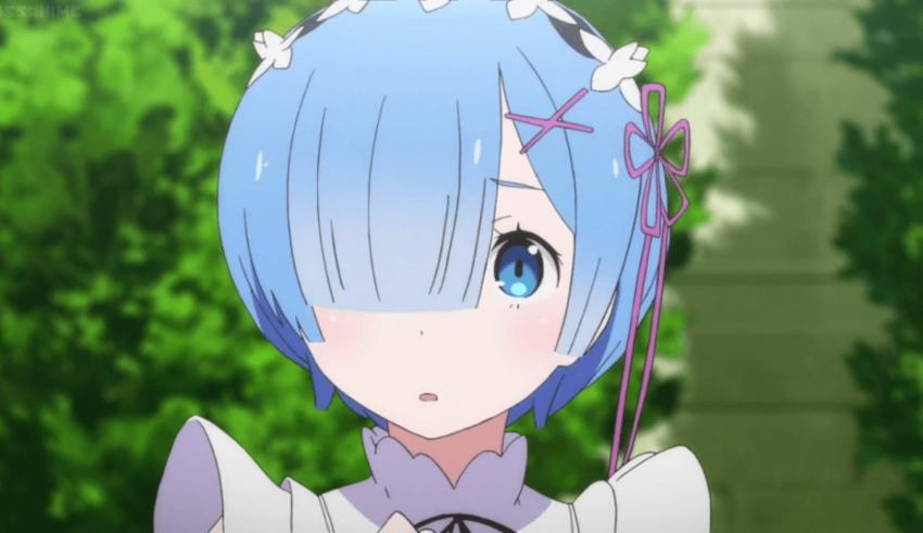 A girl with blue hair and a bow in her hair.