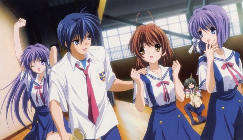 A group of anime girls in school uniforms.