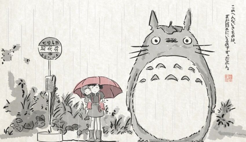 A drawing of a totoro and a girl with an umbrella.