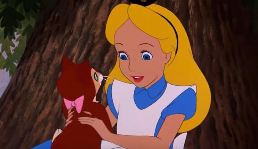 Alice in wonderland is holding a cat.