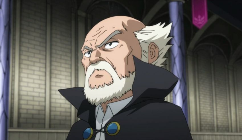 An anime character with a beard and white hair.