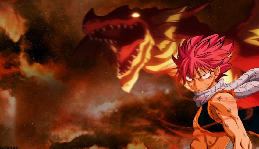 An anime character with red hair and a dragon in the background.