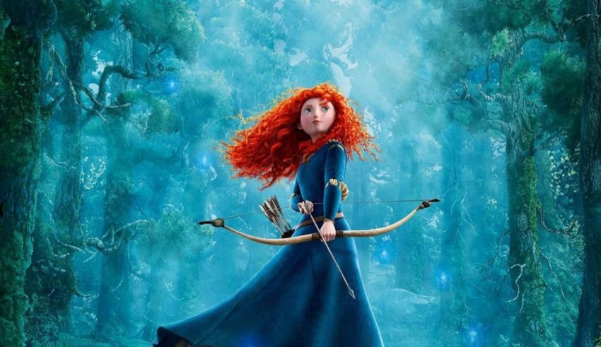 A girl in a blue dress is holding a bow and arrow in the forest.