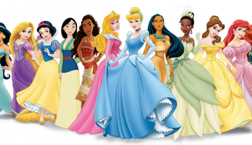 A group of disney princesses standing together.