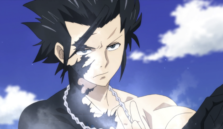 An anime character with black hair and a blue sky.