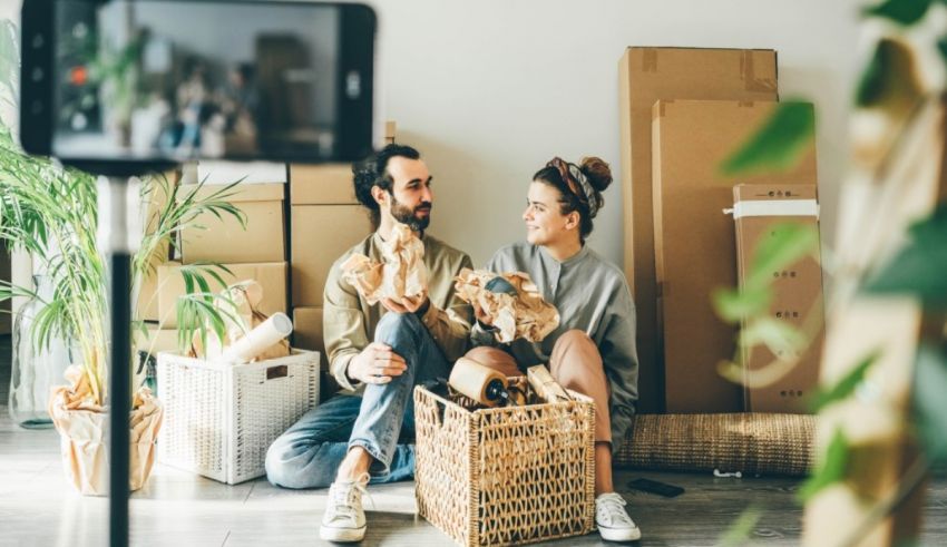 A young couple sitting on the floor in their new home.