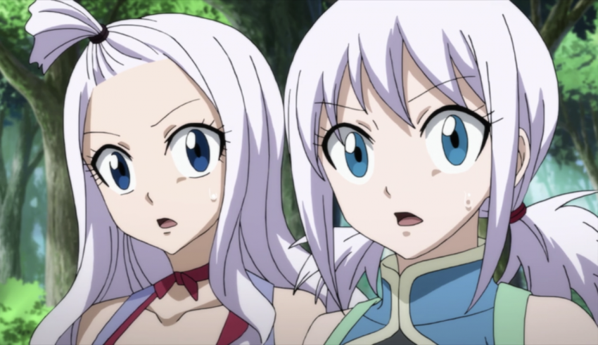 Two anime characters with white hair and blue eyes.