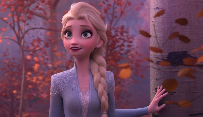 Elsa from frozen is standing next to a tree in a forest.