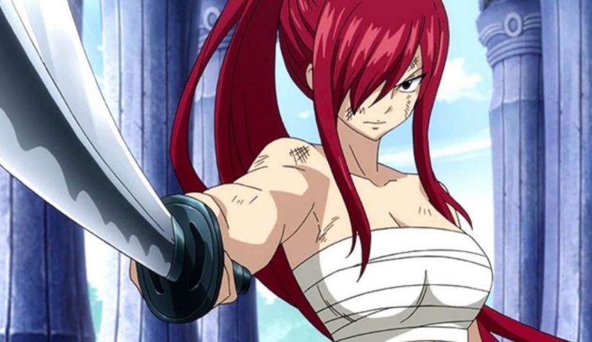 An anime girl with red hair holding a sword.