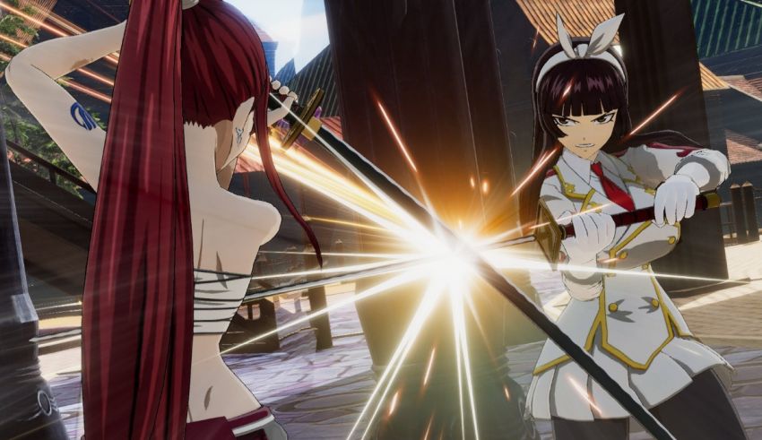 Two anime characters fighting with swords in a video game.