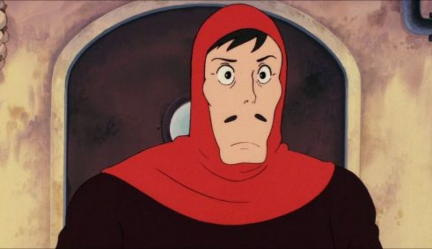 A cartoon character in a red hooded robe.
