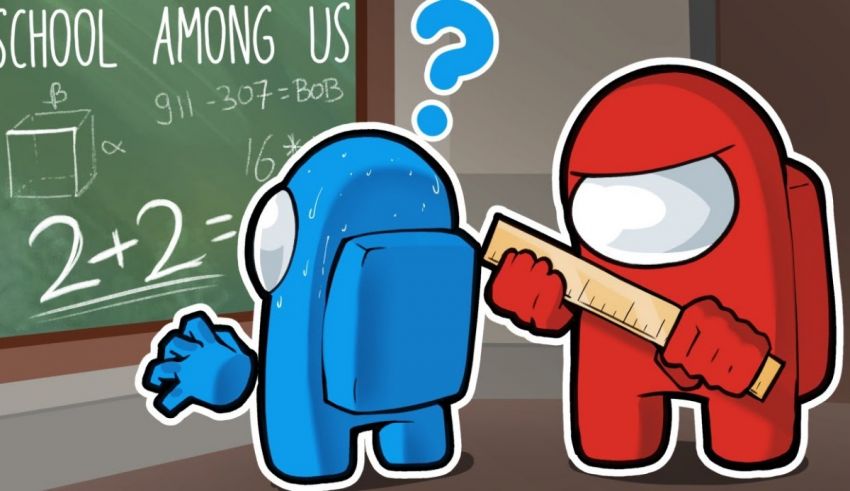 Two red and blue characters standing in front of a blackboard.