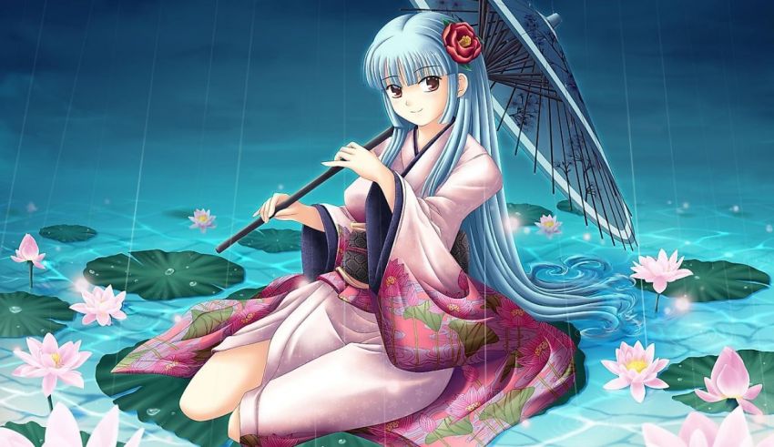 A girl in kimono holding an umbrella in the water.