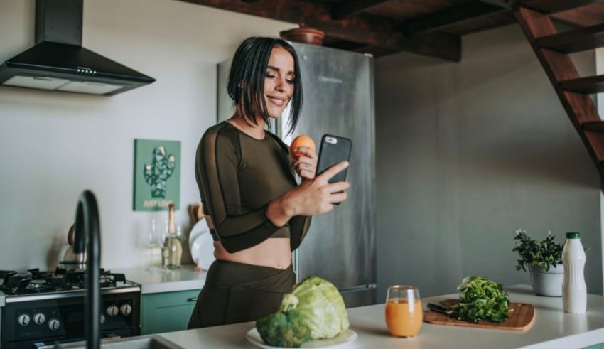 A woman is taking a picture with her phone in the kitchen.