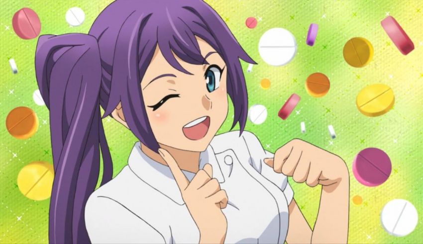 A girl with purple hair is holding a tablet in her hand.