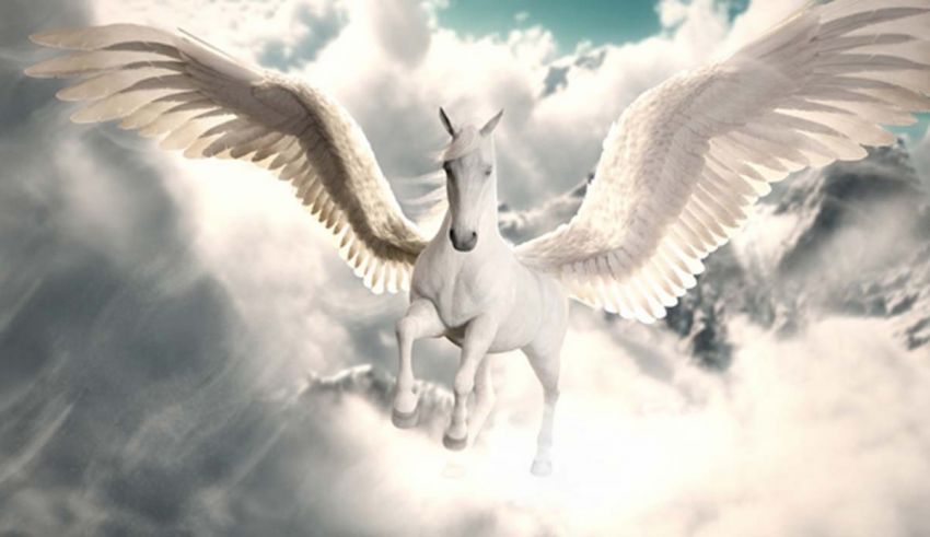 A white horse with wings flying in the sky.