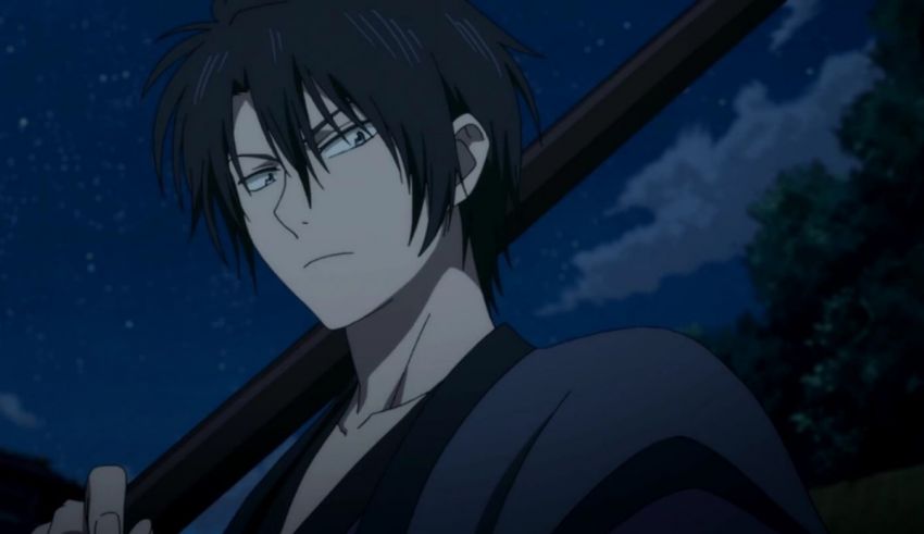 An anime character holding a sword at night.