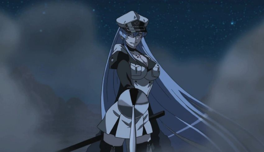 A female anime character standing in the sky with a sword.