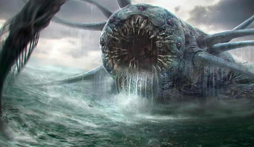 A giant monster is in the water with its mouth open.