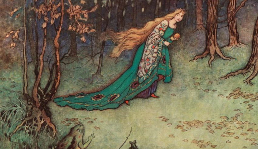 An illustration of a fairy and a frog in the woods.
