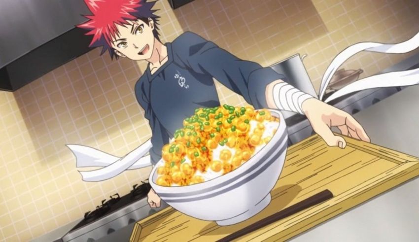 An anime character holding a bowl of food.