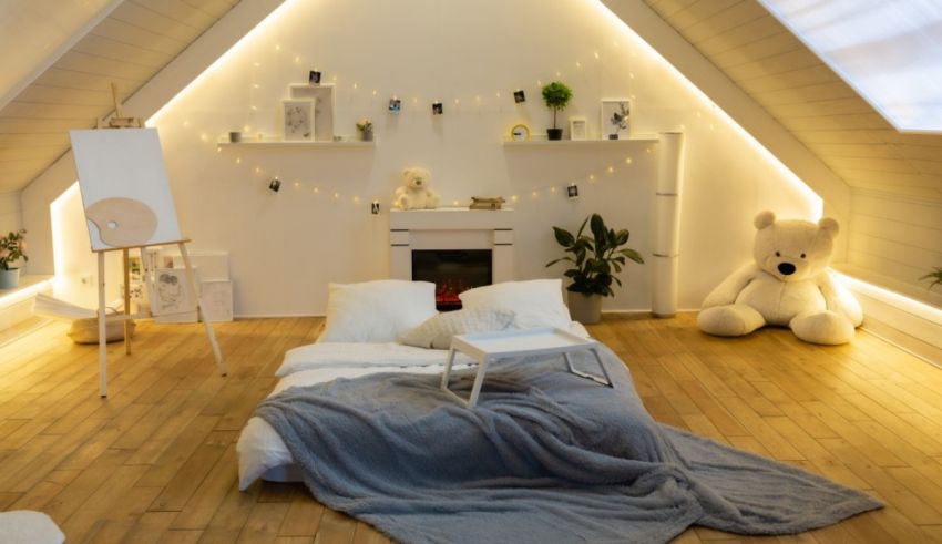 An attic bedroom with a bed and a teddy bear.