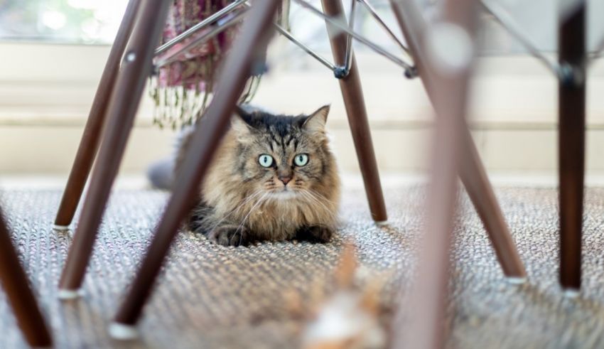 A cat is hiding under a chair.